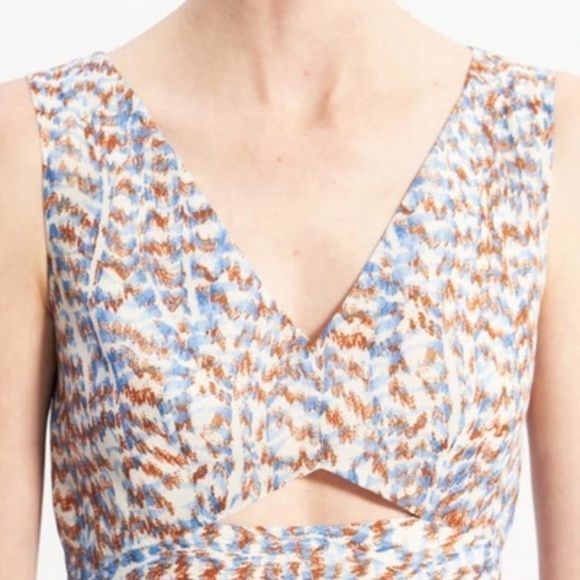 THEORY Abstract Print A-Line Sleeveless V-Neck Cut-Out Cocktail Midi Dress NEW - Picture 7 of 15